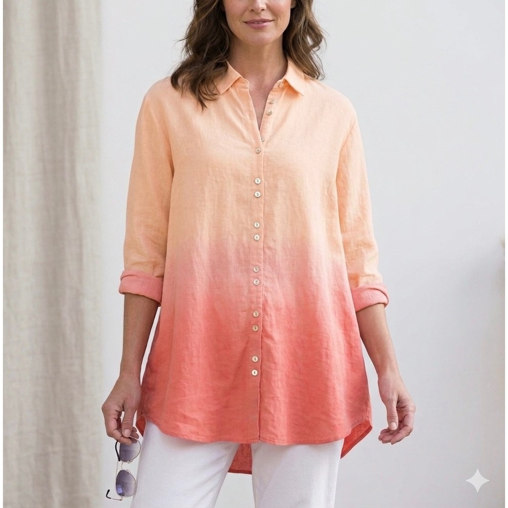 Soft Surroundings Button Down Tunic Womens L Orange Ombre Cotton Summer Vacation